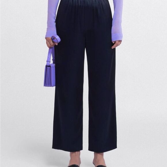 Nanushka Navy Wide Leg Satin Pants High-Waisted Size L - Picture 1 of 8